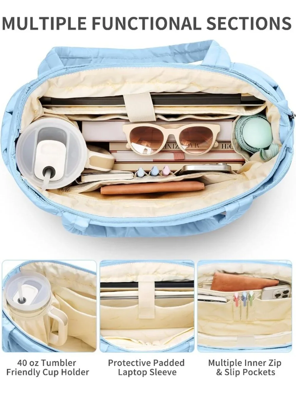 👜Women's Denim Blue Puffer Tote Bag 16 Pockets Work Gym Travel Laptop Handbag